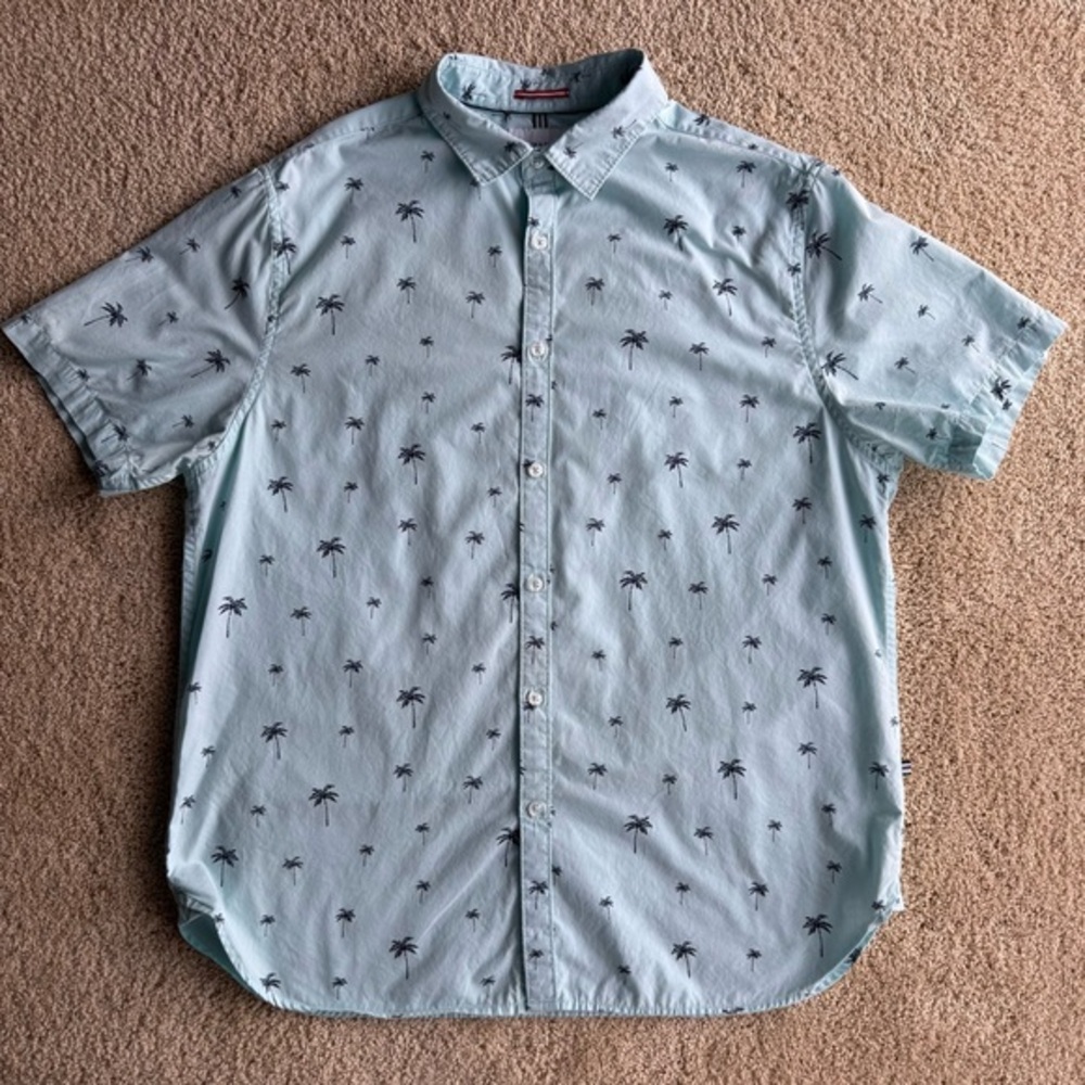 Denim & Flower Shirt Men XL Slim Fit Palm Tree Button Up Short Sleeve Blue